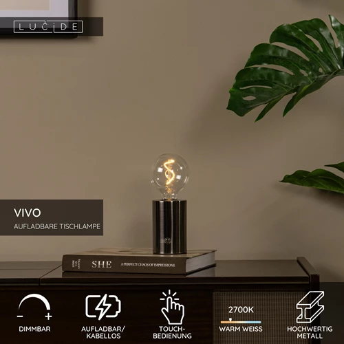 Lucide VIVO - wiederaufladbare Tischlampe - Akku/Batterie - Ø 8 cm - LED Dim. - E27 - 1x1W 2700K - Matt Schwarz-Chrom - USP